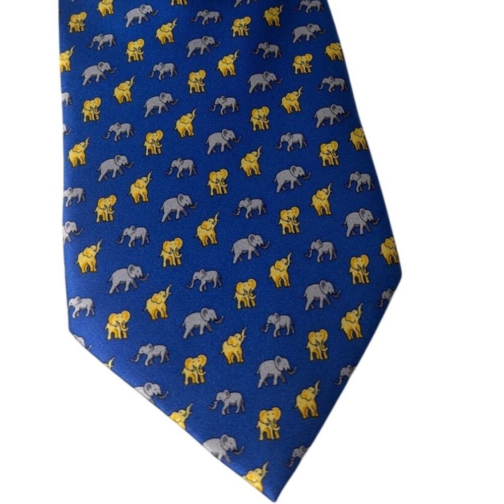 Venezia Italian Silk Tie Elephant Pattern Blue Yellow 58" Office Preppy Designer